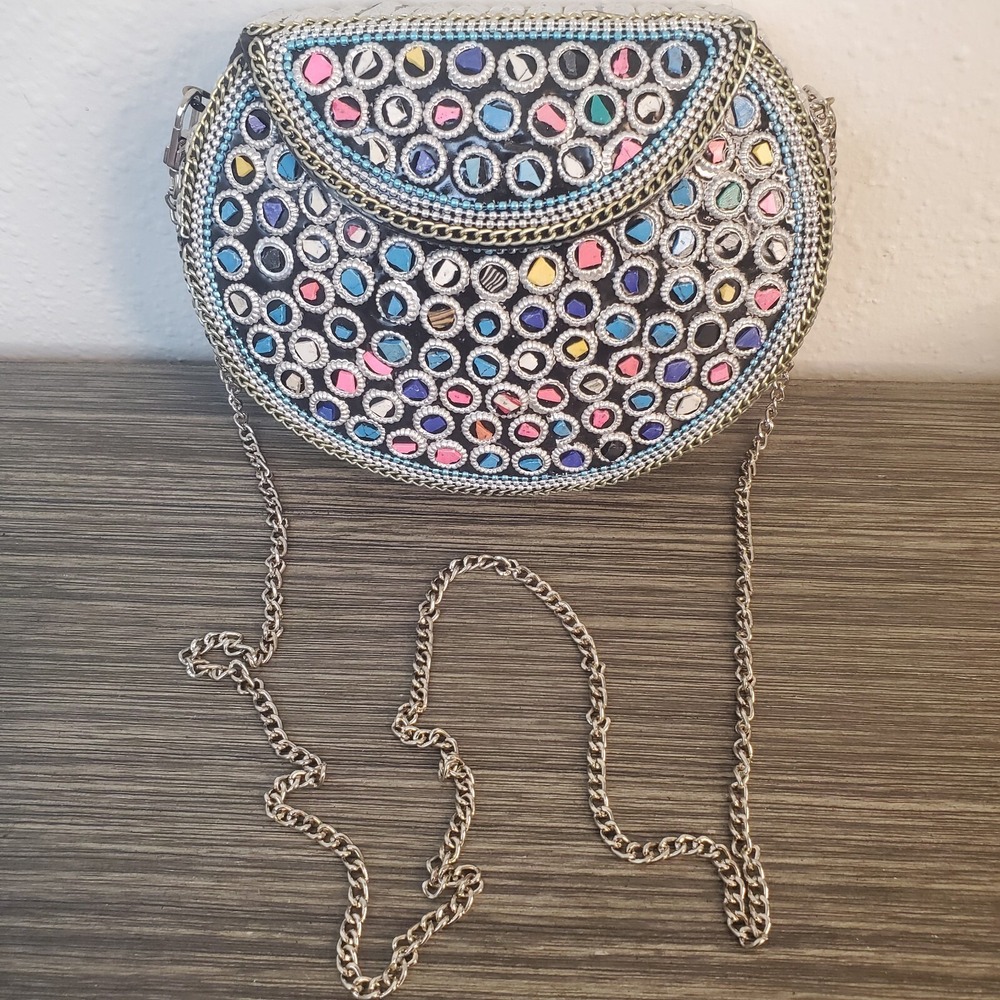 RAMLA Coloeful Mosaic Moroccon Clutch Crossbody Hard Shell Purse Silver Tone NEW